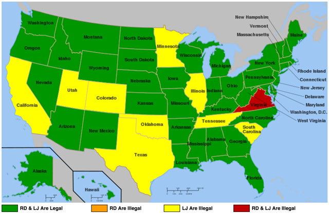 Map of Radar Detector and Laser Jammer laws in the US
