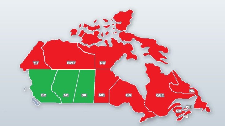 Radar Detectors are legal in Canada in the green provinces, Illegal in red provinces