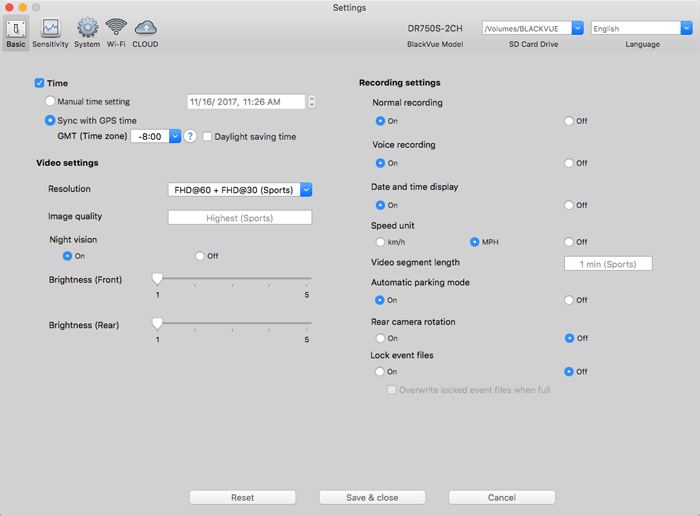 Blackvue DR750S-2CH Review Settings Software