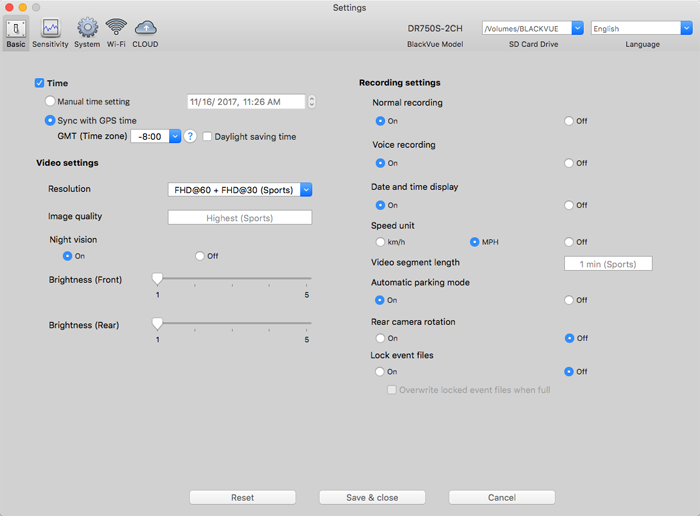 Blackvue DR750S-2CH Review Settings Software