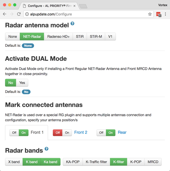 Set Net Radar DSP settings website