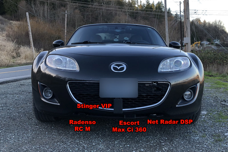 Stinger VIP, Escort Max Ci 360, Net Radar DSP, and Radenso RC M installed on my Miata