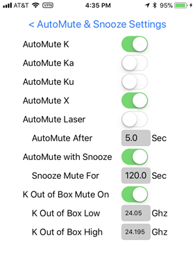 V1Driver AutoMute and Snooze Settings