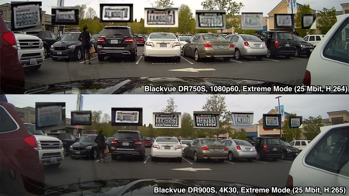 Blackvue DR900S vs DR750S license plate comparison in parking lot