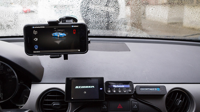 Remote radar detector displays mounted in Miata cabin: Net Radar DSP, Stinger VIP, Radenso RC M, Escort Max Ci 360