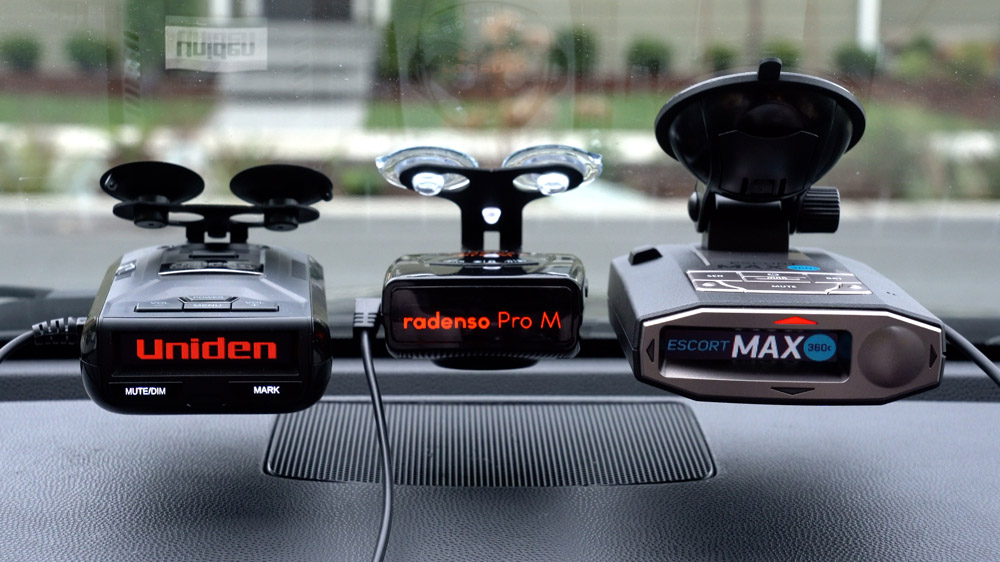 Uniden R3, Radenso Pro M, and Escort Max 360c on windshield