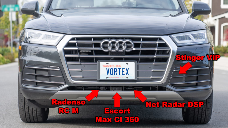 Radenso RC M, Escort Max Ci 360, Net Radar DSP, and Stinger VIP in my Audi Q5 grill