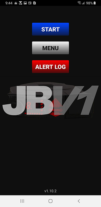 JBV1 home screen with blue start button