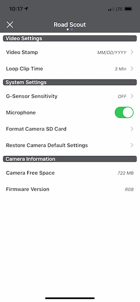 Cobra Road Scout app settings