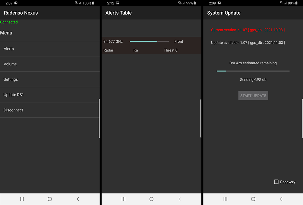 Radenso DS1 Nexus App, Menu, Ka Alert, App Update