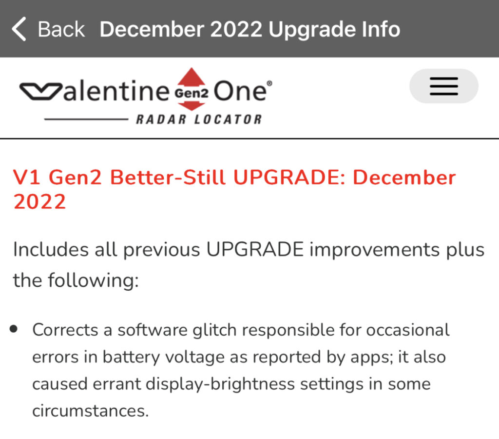 V1 Gen2 Dec 2022 4.1030 Upgrade Changelog