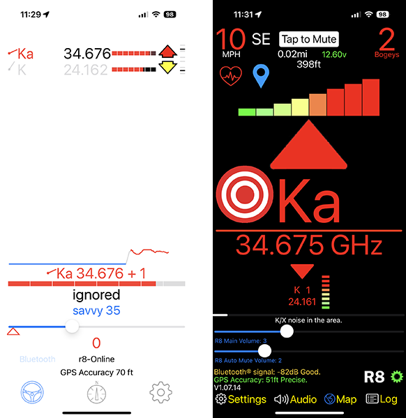 V1Driver and R8 Companion, Ka and K alerts side by side